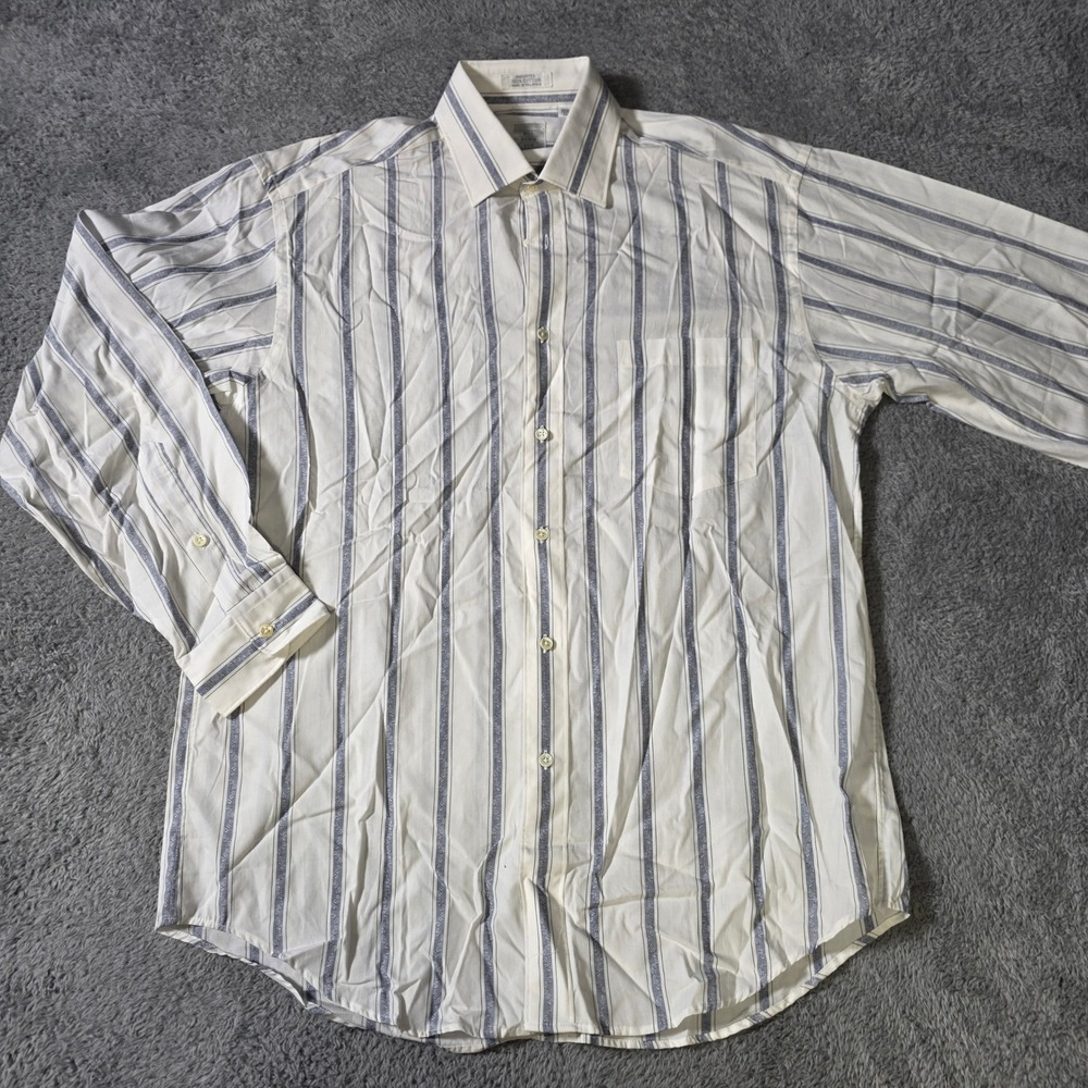 Bill Robinson‎ Mens 15.5 33 Dress Shirt Cream Blue Striped Long Sleeve Cotton